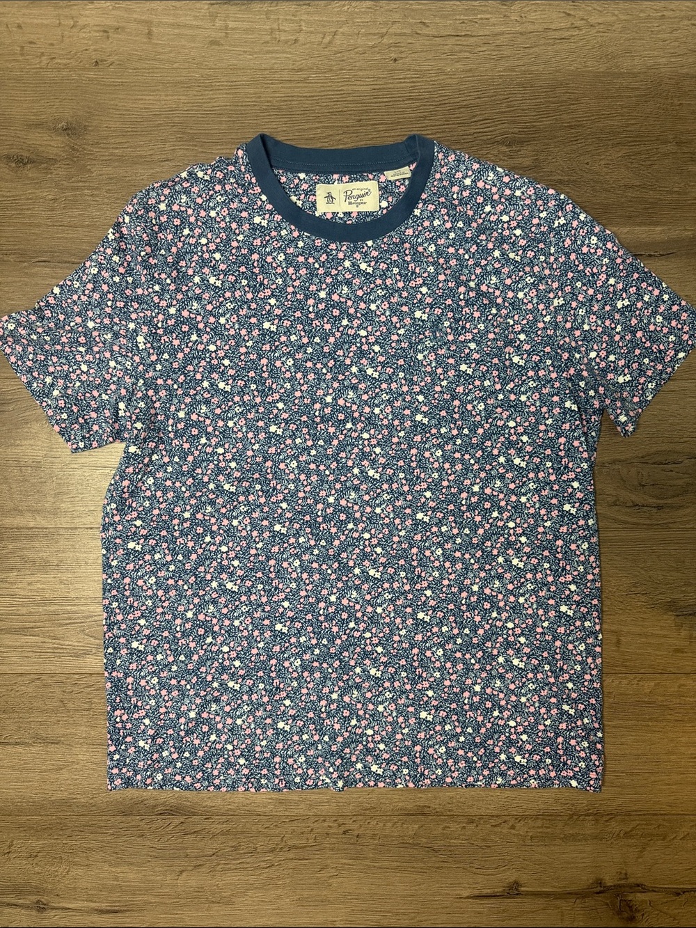 Men’s Original Penguin Navy Pocket Tee with Pink & Cream Floral Print - L